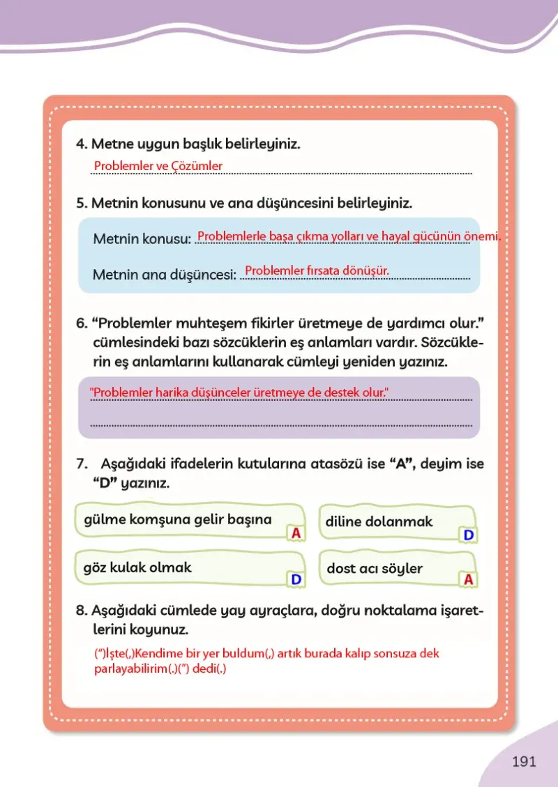 3. Sınıf Türkçe Ders Kitabı Cevapları Meb Yayınları Sayfa 191 Çözüm Görseli