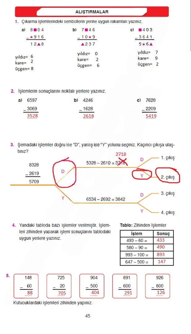 4. Sınıf Matematik Ders Kitabı Cevapları Ata Yayınları Sayfa 45 Çözüm Görseli