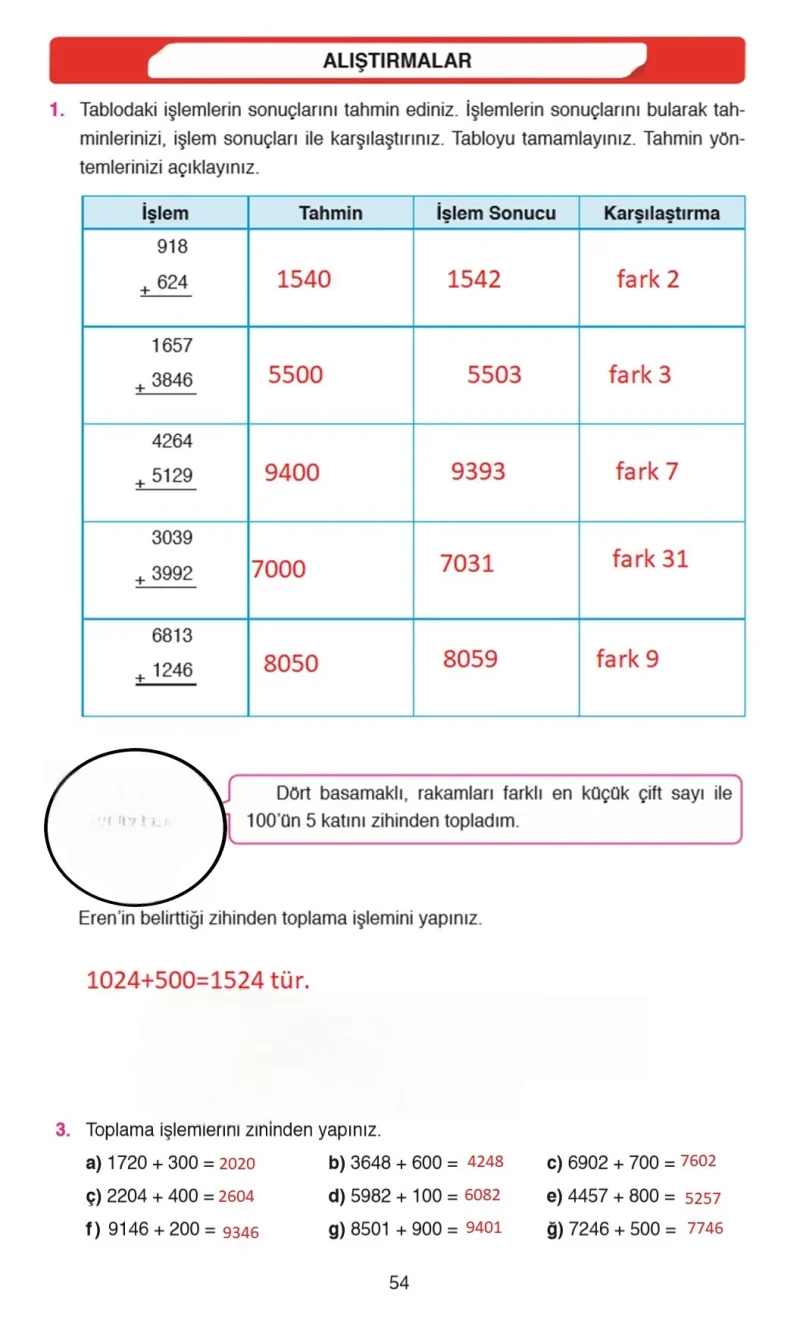 4. Sınıf Matematik Ders Kitabı Cevapları Ata Yayınları Sayfa 54 Çözüm Görseli