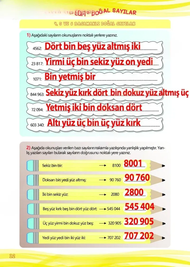 4. Sınıf Matematik Ders Kitabı Cevapları Meb Yayınları Çalışma Kitabı 1 Sayfa 12 Çözüm Görseli