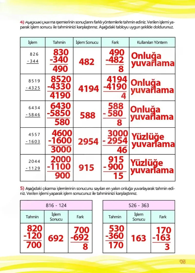 4. Sınıf Matematik Ders Kitabı Cevapları Meb Yayınları Çalışma Kitabı 1 Sayfa 45 Çözüm Görseli
