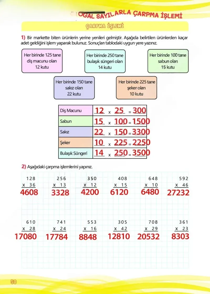 4. Sınıf Matematik Ders Kitabı Cevapları Meb Yayınları Çalışma Kitabı 1 Sayfa 50 Çözüm Görseli