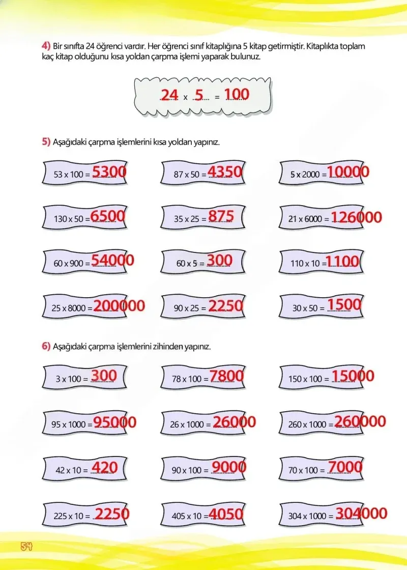 4. Sınıf Matematik Ders Kitabı Cevapları Meb Yayınları Çalışma Kitabı 1 Sayfa 54 Çözüm Görseli