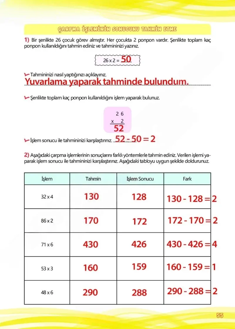 4. Sınıf Matematik Ders Kitabı Cevapları Meb Yayınları Çalışma Kitabı 1 Sayfa 55 Çözüm Görseli