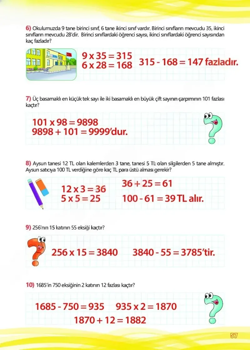 4. Sınıf Matematik Ders Kitabı Cevapları Meb Yayınları Çalışma Kitabı 1 Sayfa 57 Çözüm Görseli