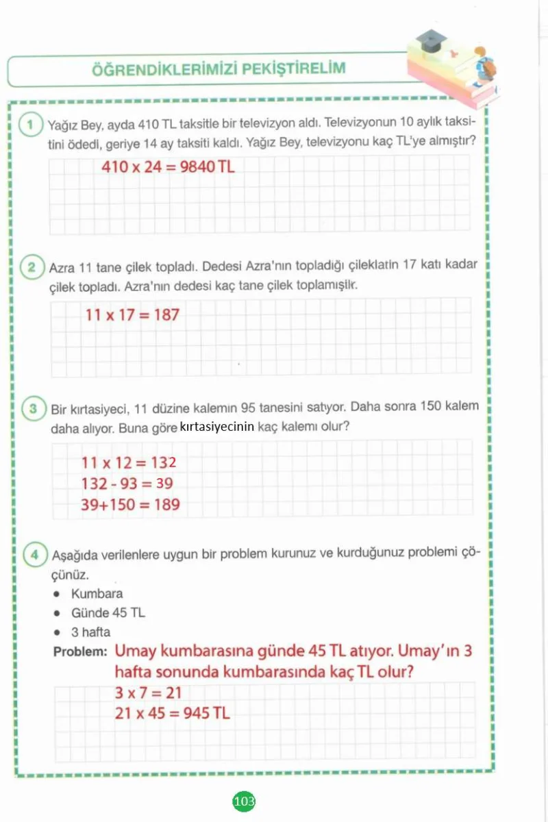 4. Sınıf Matematik Ders Kitabı Cevapları Pasifik Yayınları Sayfa 103 Çözüm Görseli