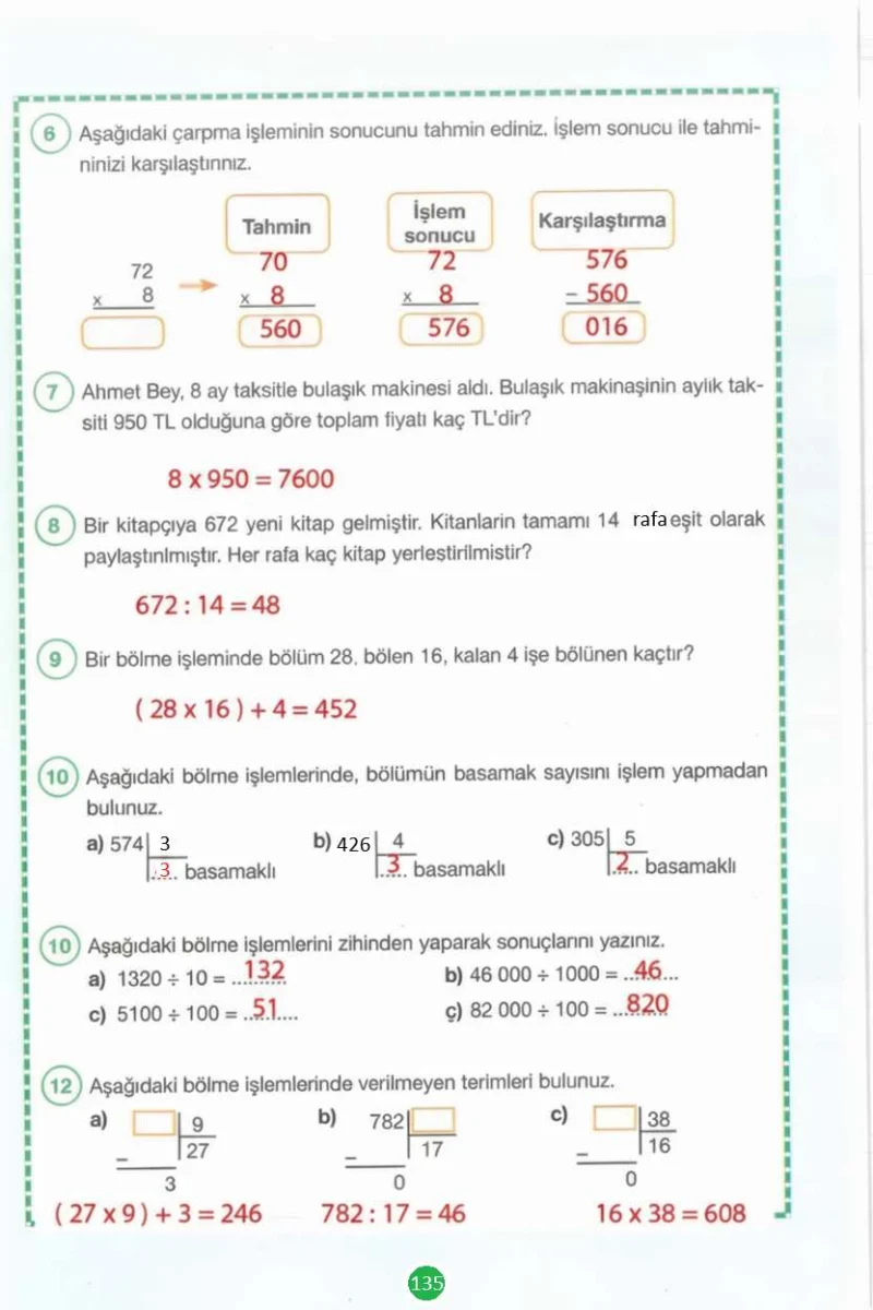 4. Sınıf Matematik Ders Kitabı Cevapları Pasifik Yayınları Sayfa 135 Çözüm Görseli