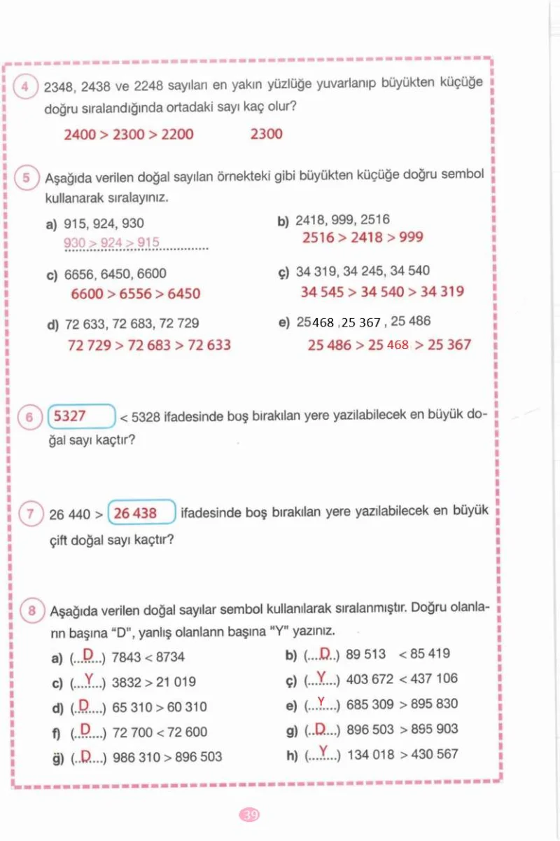 4. Sınıf Matematik Ders Kitabı Cevapları Pasifik Yayınları Sayfa 39 Çözüm Görseli