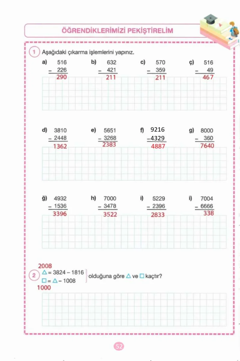 4. Sınıf Matematik Ders Kitabı Cevapları Pasifik Yayınları Sayfa 52 Çözüm Görseli