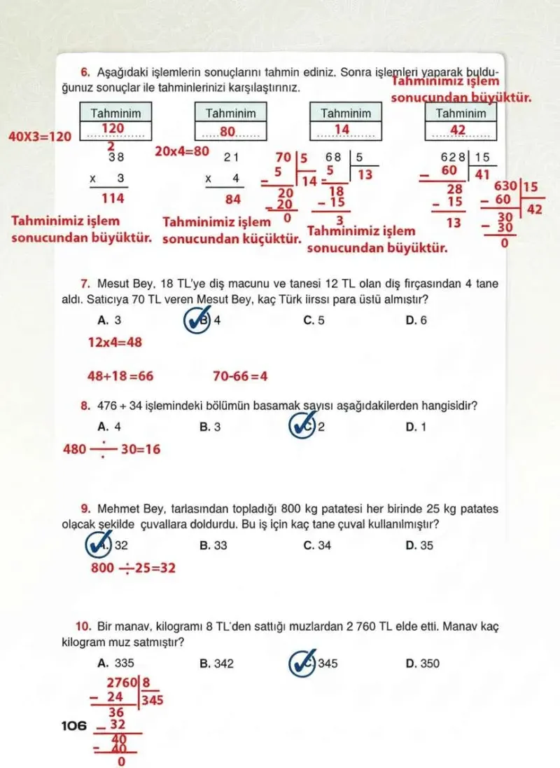 4. Sınıf Matematik Ders Kitabı Cevapları Sevgi Yayınları Sayfa 106 Çözüm Görseli