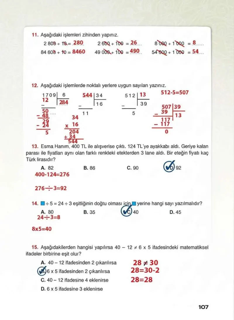 4. Sınıf Matematik Ders Kitabı Cevapları Sevgi Yayınları Sayfa 107 Çözüm Görseli