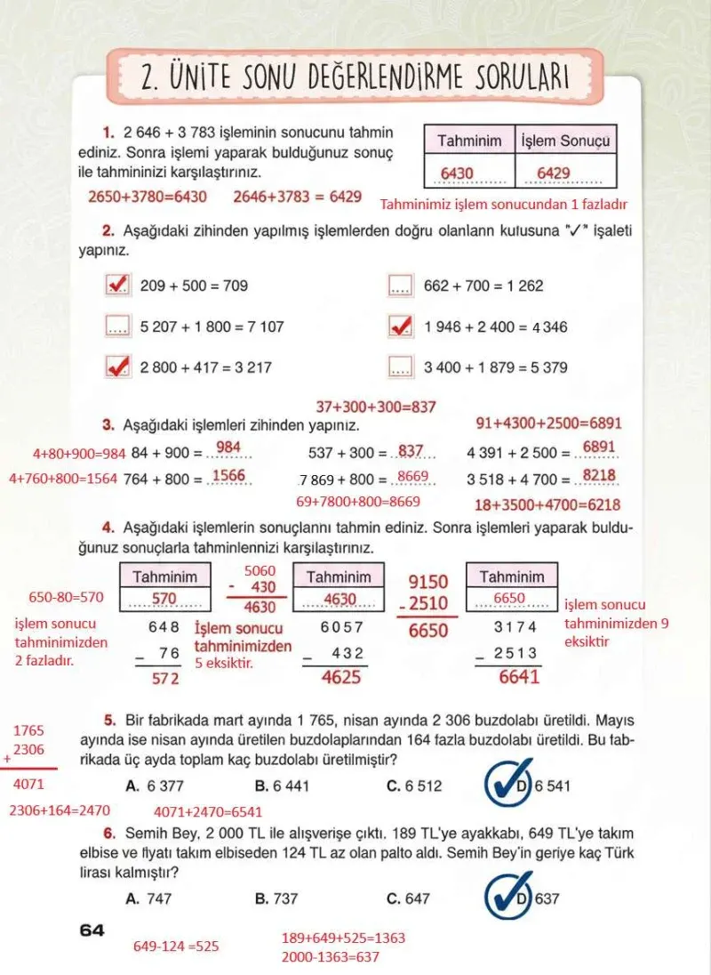 4. Sınıf Matematik Ders Kitabı Cevapları Sevgi Yayınları Sayfa 64 Çözüm Görseli