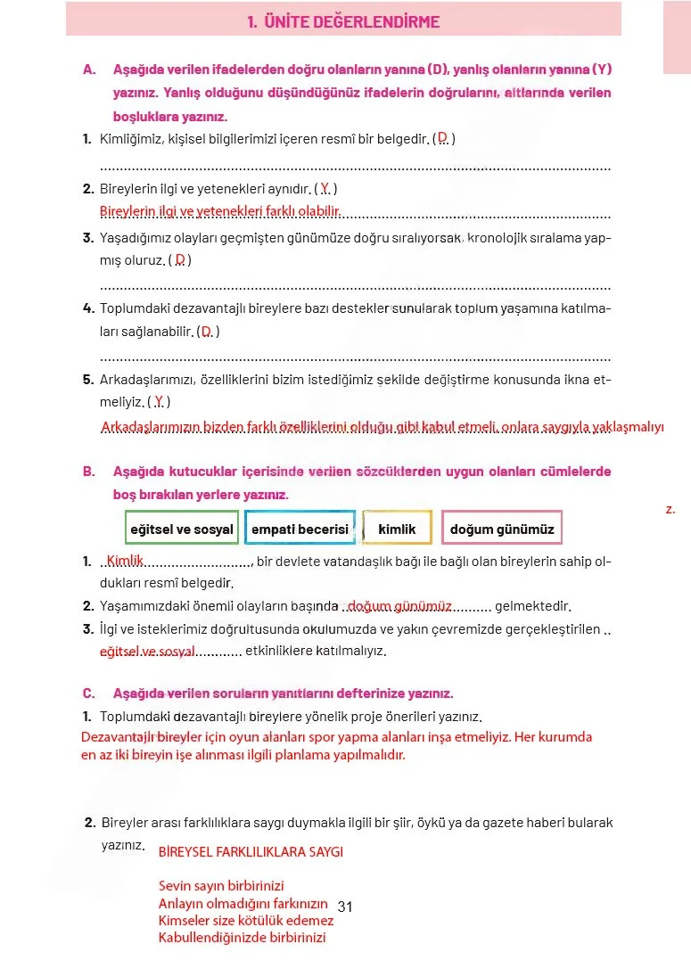 4. Sınıf Sosyal Bilgiler Ders Kitabı Cevapları Ferman Yayınları Sayfa 31 Çözüm Görseli