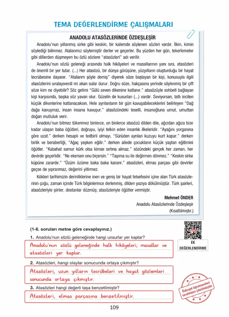 4. Sınıf Türkçe Ders Kitabı Cevapları Ada Yayınları Sayfa 109 Çözüm Görseli