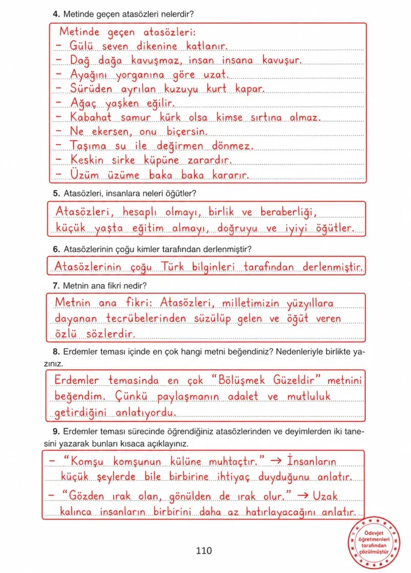 4. Sınıf Türkçe Ders Kitabı Cevapları Ada Yayınları Sayfa 110 Çözüm Görseli