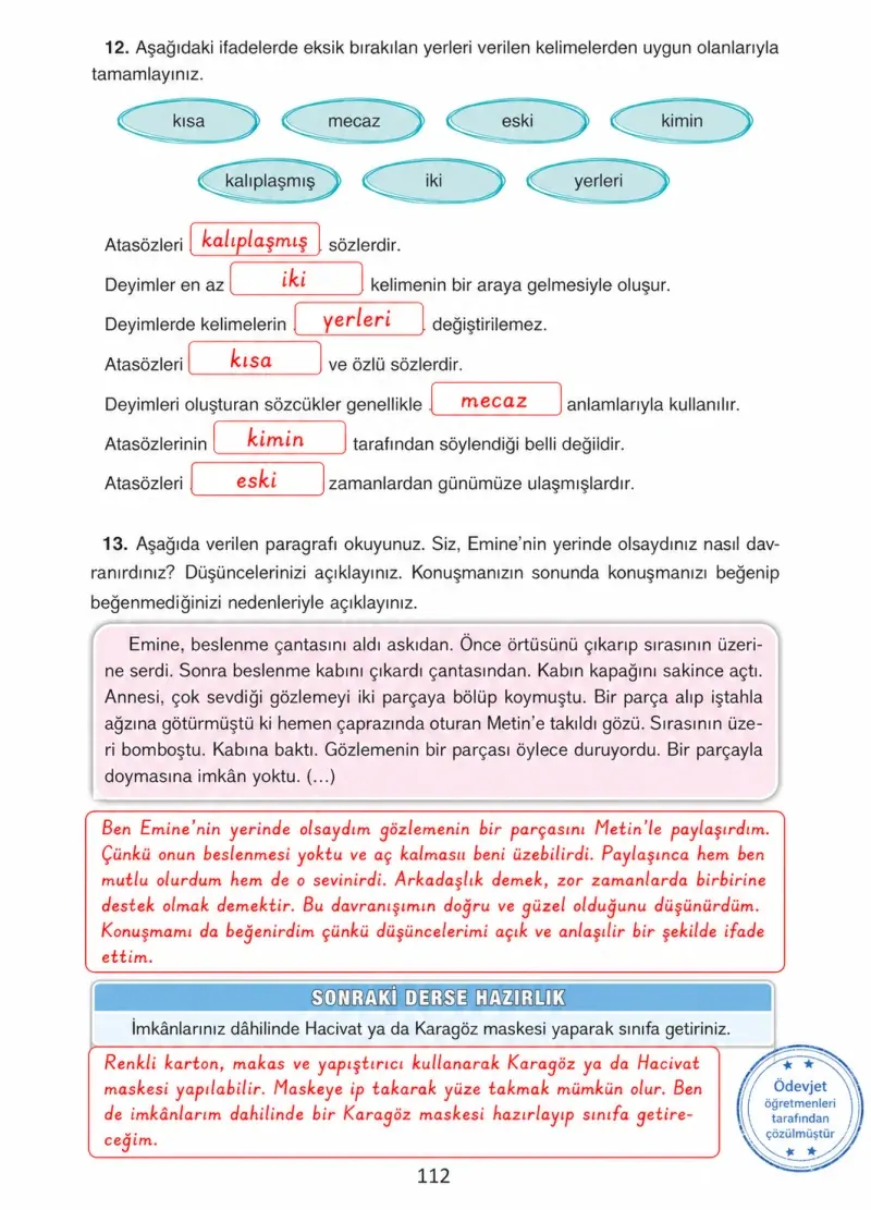4. Sınıf Türkçe Ders Kitabı Cevapları Ada Yayınları Sayfa 112 Çözüm Görseli