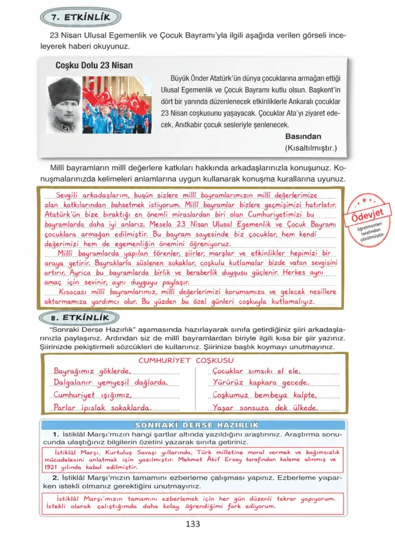 4. Sınıf Türkçe Ders Kitabı Cevapları Ada Yayınları Sayfa 133 Çözüm Görseli