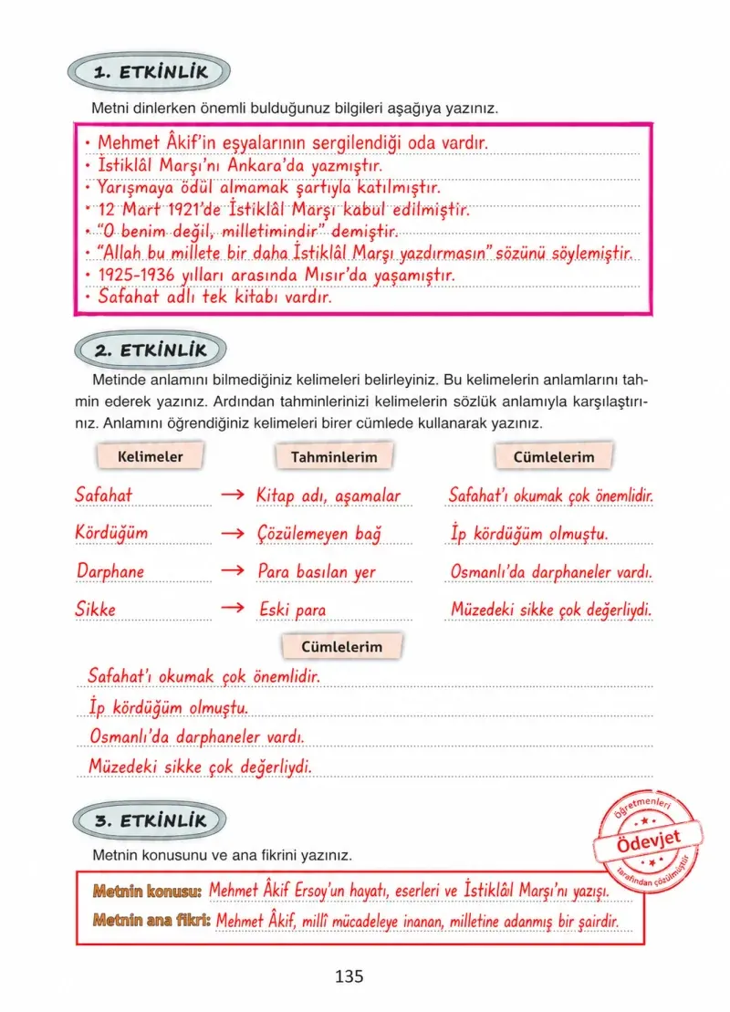 4. Sınıf Türkçe Ders Kitabı Cevapları Ada Yayınları Sayfa 135 Çözüm Görseli