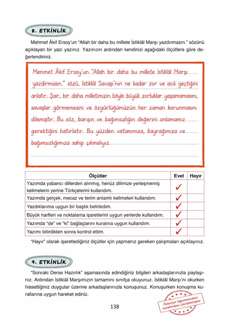 4. Sınıf Türkçe Ders Kitabı Cevapları Ada Yayınları Sayfa 138 Çözüm Görseli