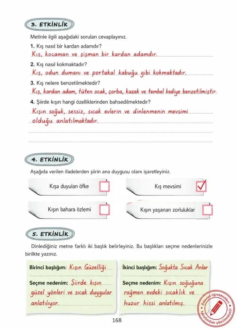 4. Sınıf Türkçe Ders Kitabı Cevapları Ada Yayınları Sayfa 168 Çözüm Görseli