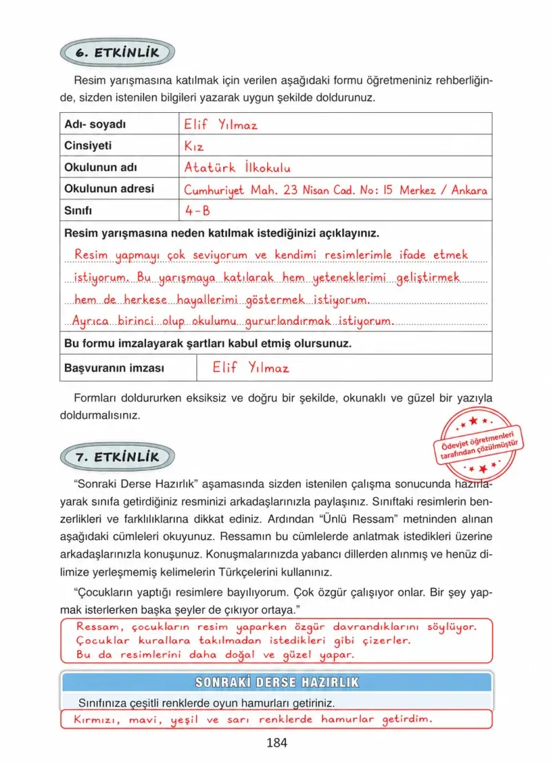 4. Sınıf Türkçe Ders Kitabı Cevapları Ada Yayınları Sayfa 184 Çözüm Görseli