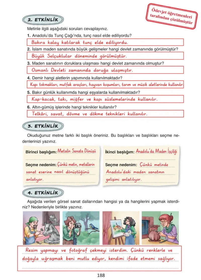 4. Sınıf Türkçe Ders Kitabı Cevapları Ada Yayınları Sayfa 188 Çözüm Görseli