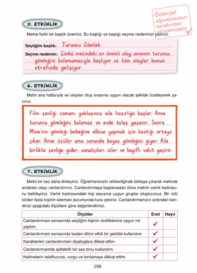 4. Sınıf Türkçe Ders Kitabı Cevapları Ada Yayınları Sayfa 199 Çözüm Görseli