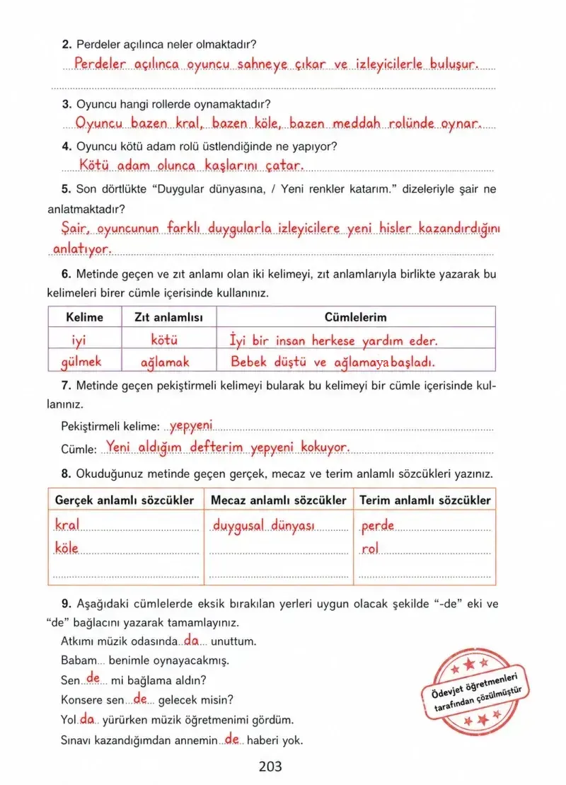 4. Sınıf Türkçe Ders Kitabı Cevapları Ada Yayınları Sayfa 203 Çözüm Görseli