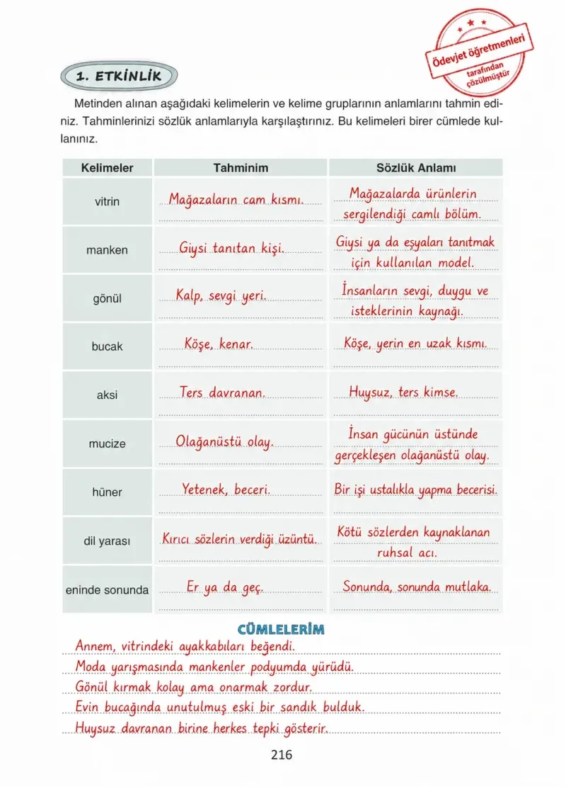 4. Sınıf Türkçe Ders Kitabı Cevapları Ada Yayınları Sayfa 216 Çözüm Görseli