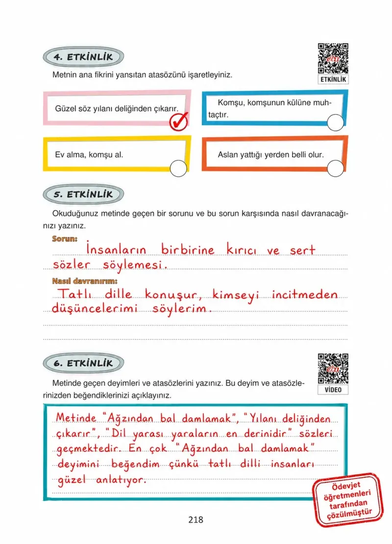 4. Sınıf Türkçe Ders Kitabı Cevapları Ada Yayınları Sayfa 218 Çözüm Görseli