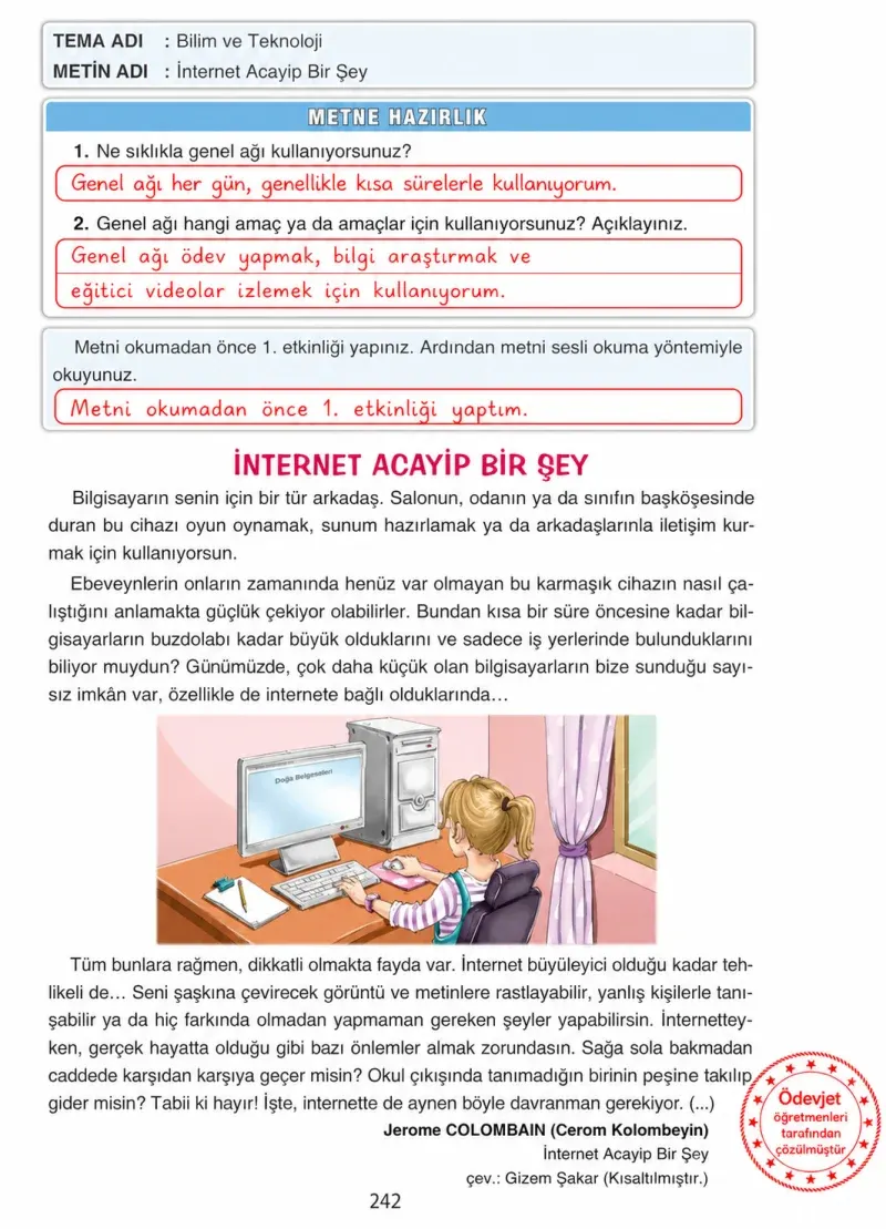 4. Sınıf Türkçe Ders Kitabı Cevapları Ada Yayınları Sayfa 242 Çözüm Görseli