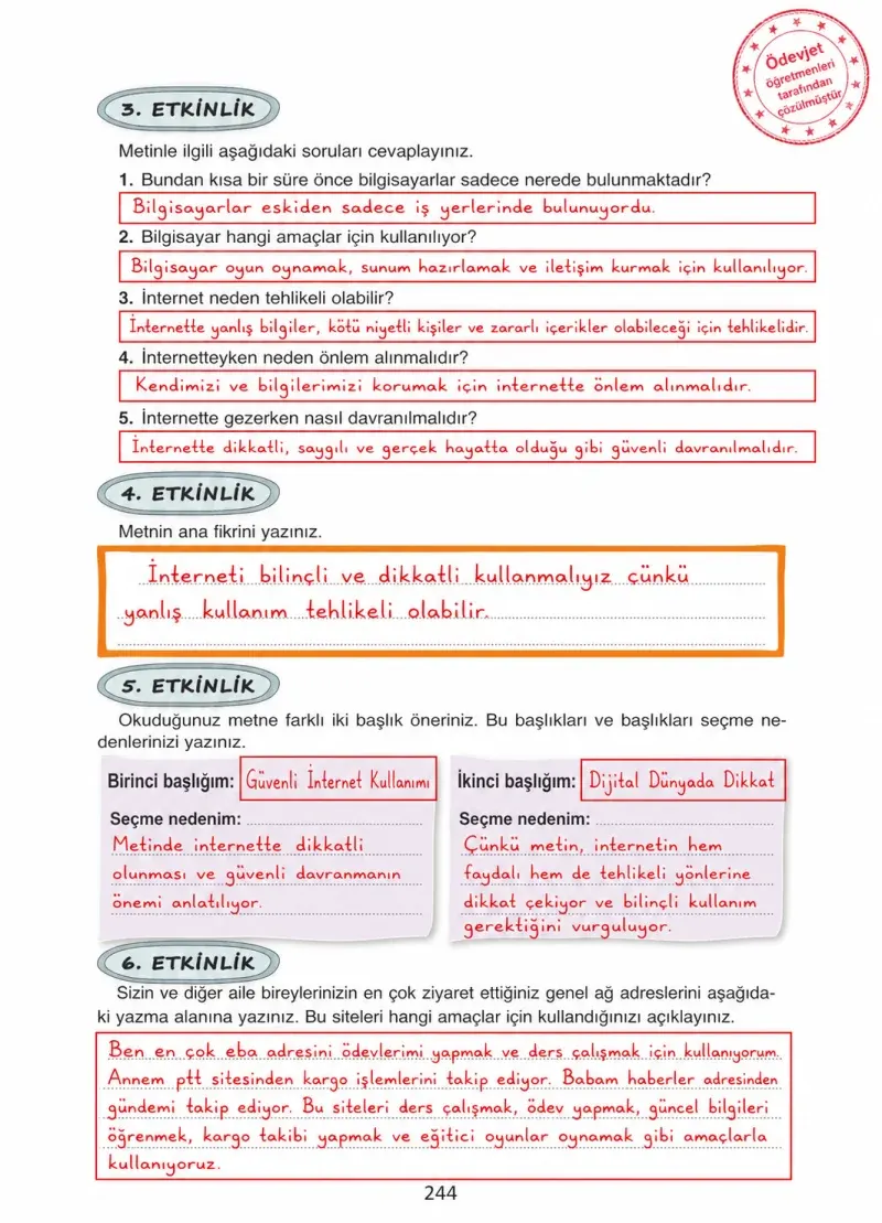 4. Sınıf Türkçe Ders Kitabı Cevapları Ada Yayınları Sayfa 244 Çözüm Görseli
