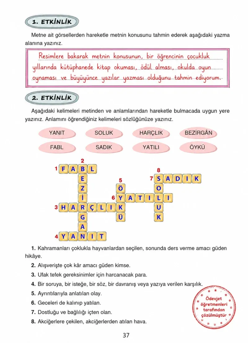 4. Sınıf Türkçe Ders Kitabı Cevapları Ada Yayınları Sayfa 37 Çözüm Görseli
