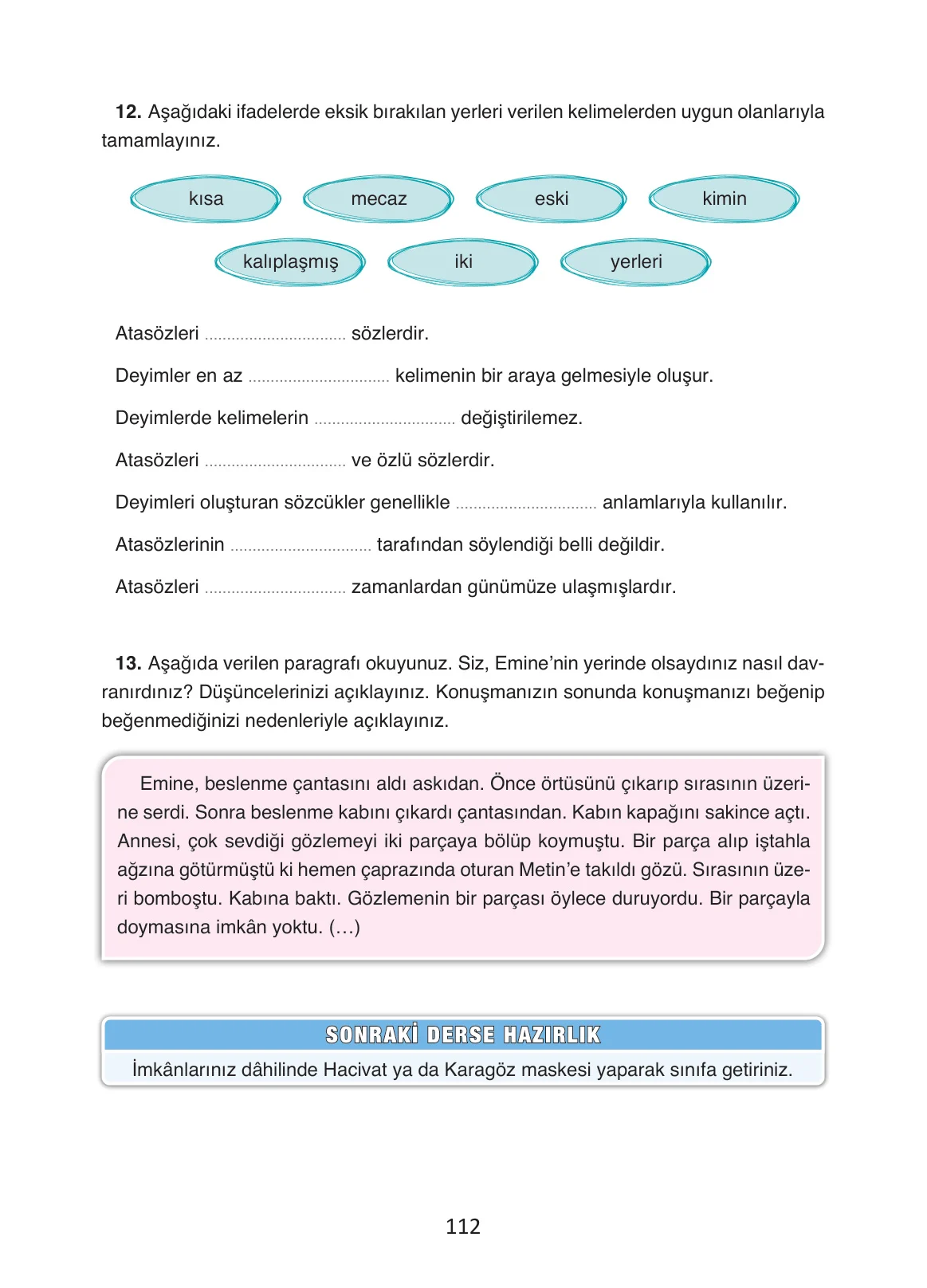 4. Sınıf Türkçe Ders Kitabı Cevapları Ada Yayınları Sayfa 112