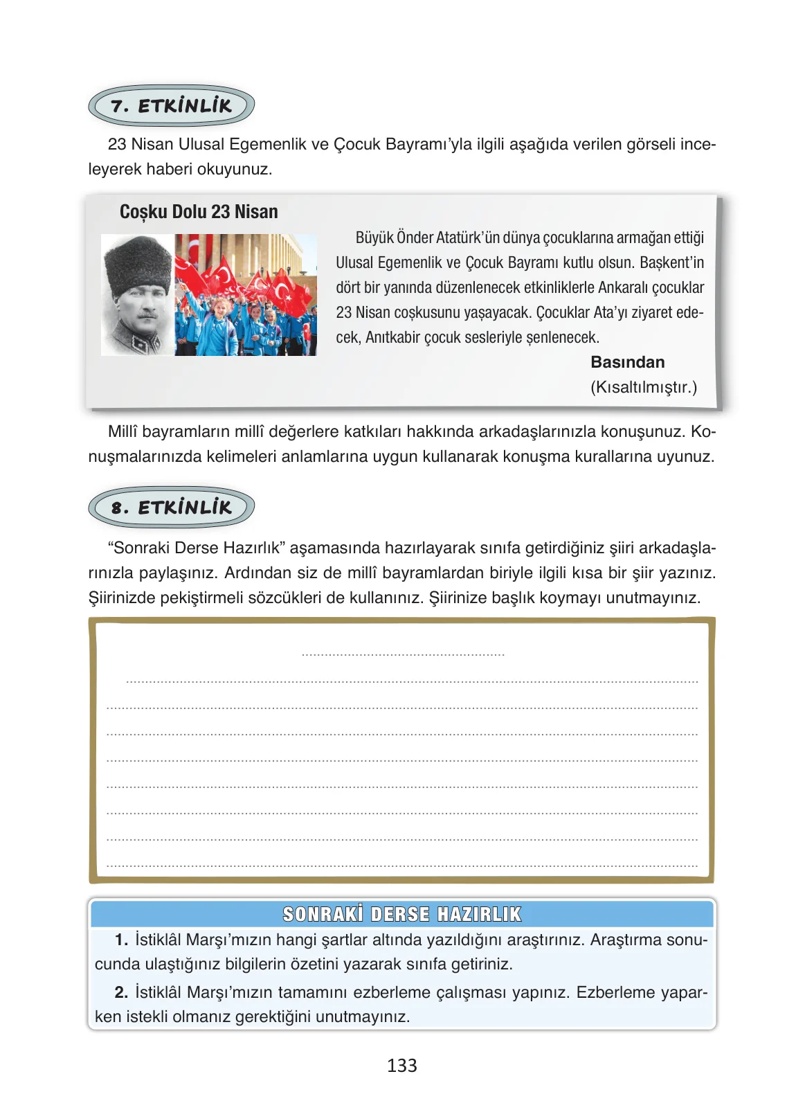 4. Sınıf Türkçe Ders Kitabı Cevapları Ada Yayınları Sayfa 133