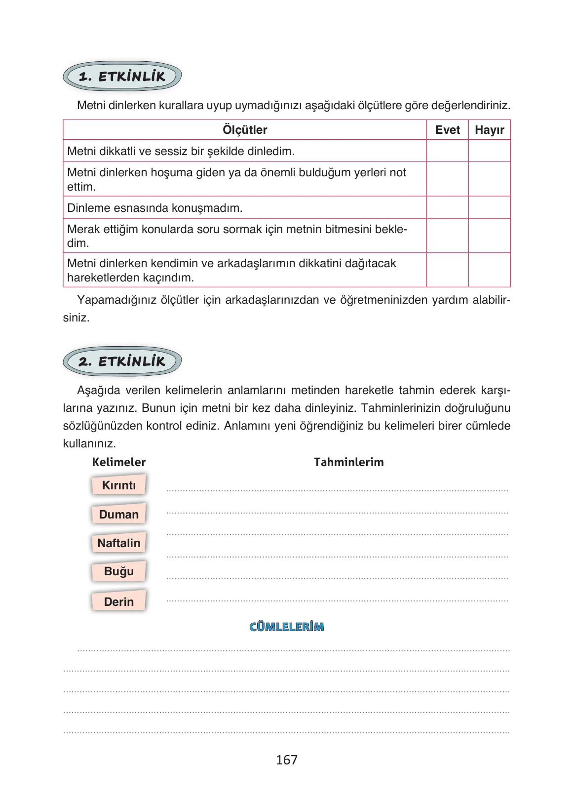 4. Sınıf Türkçe Ders Kitabı Cevapları Ada Yayınları Sayfa 167