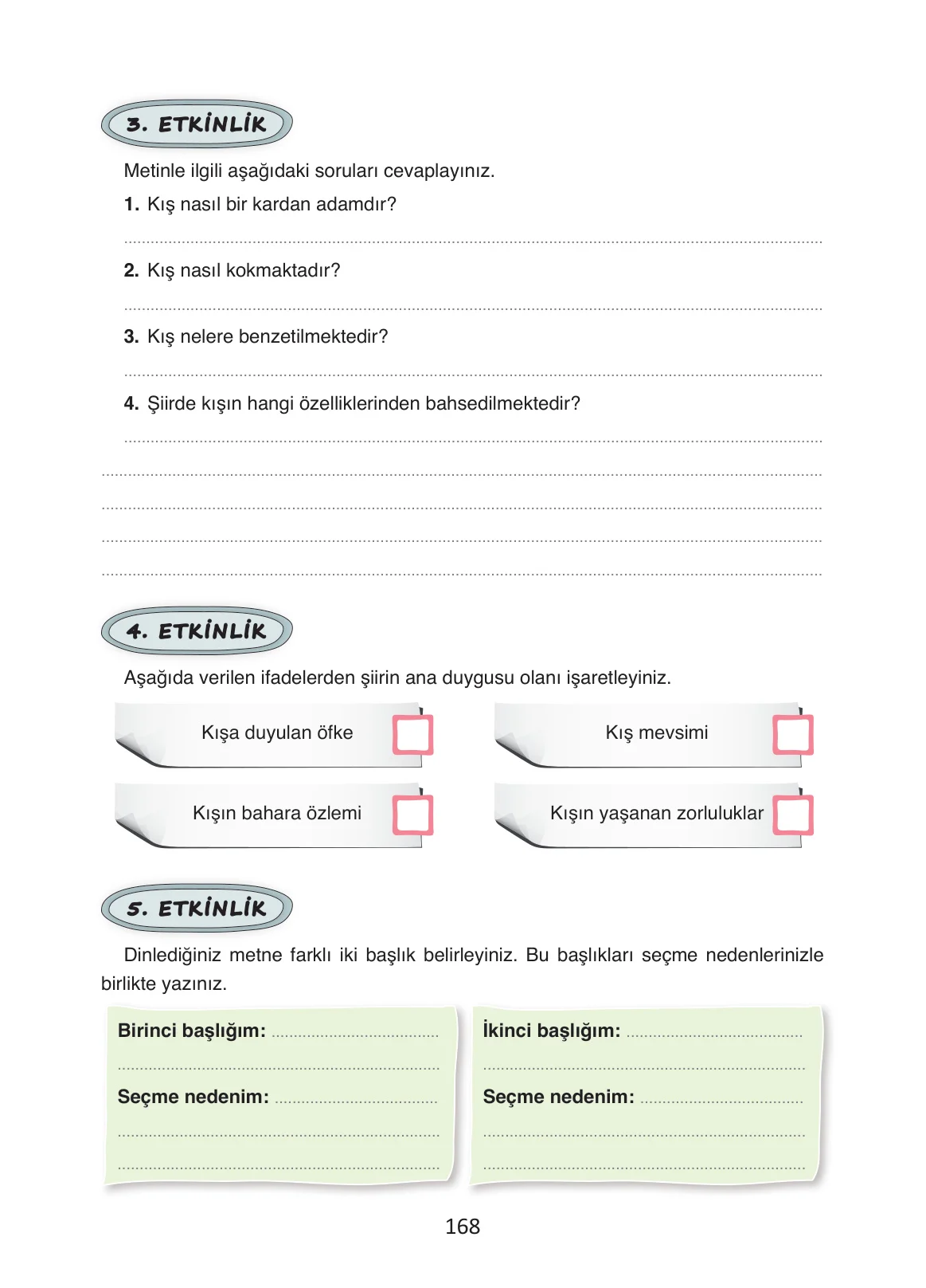 4. Sınıf Türkçe Ders Kitabı Cevapları Ada Yayınları Sayfa 168