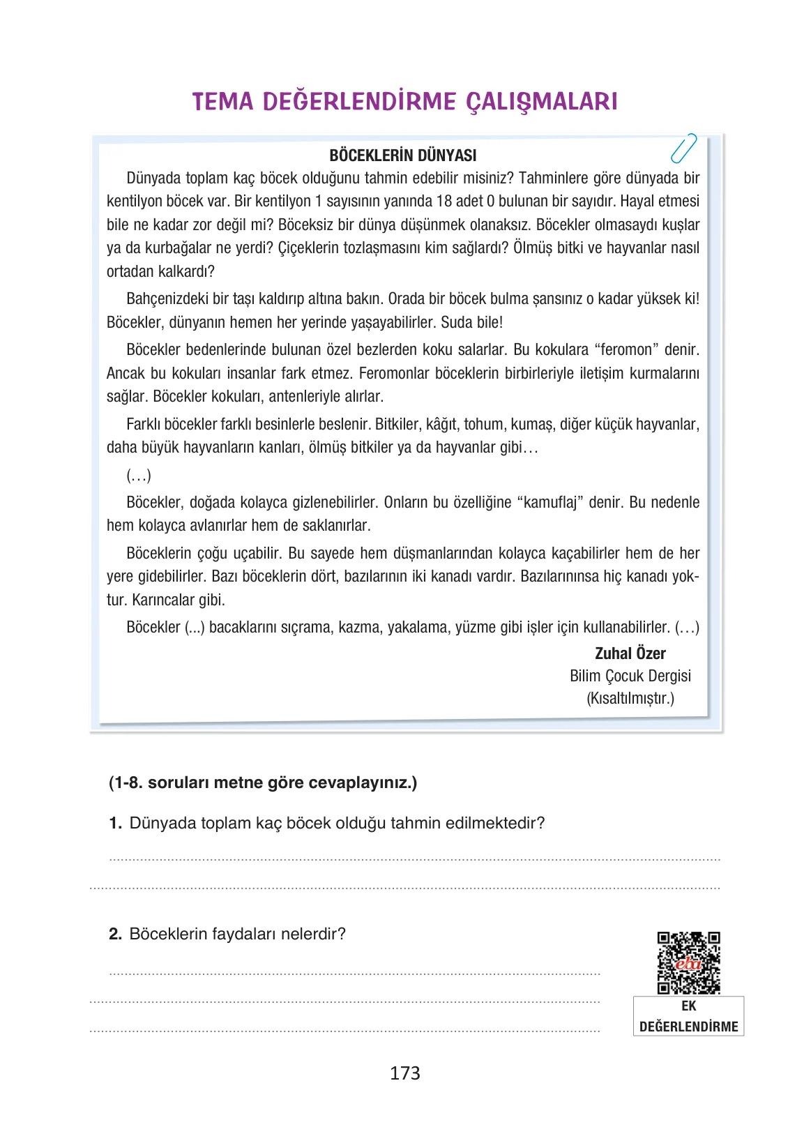 4. Sınıf Türkçe Ders Kitabı Cevapları Ada Yayınları Sayfa 173
