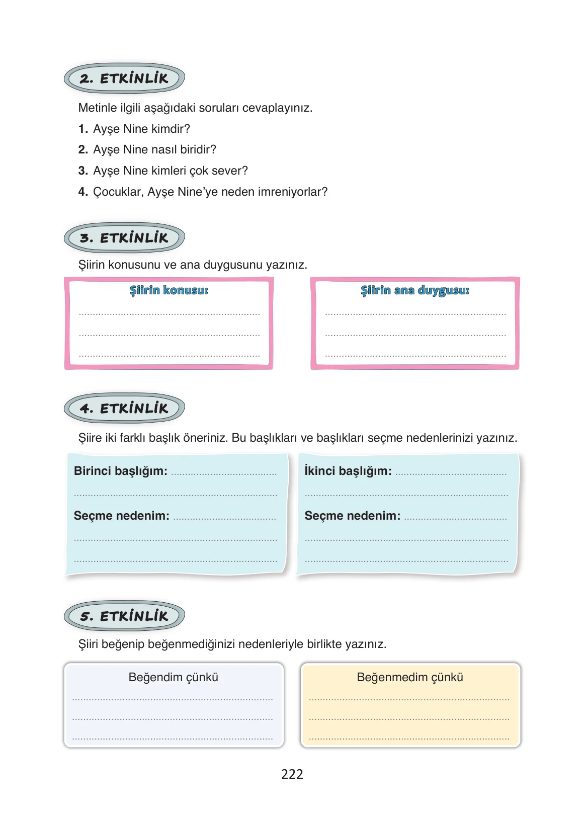 4. Sınıf Türkçe Ders Kitabı Cevapları Ada Yayınları Sayfa 222