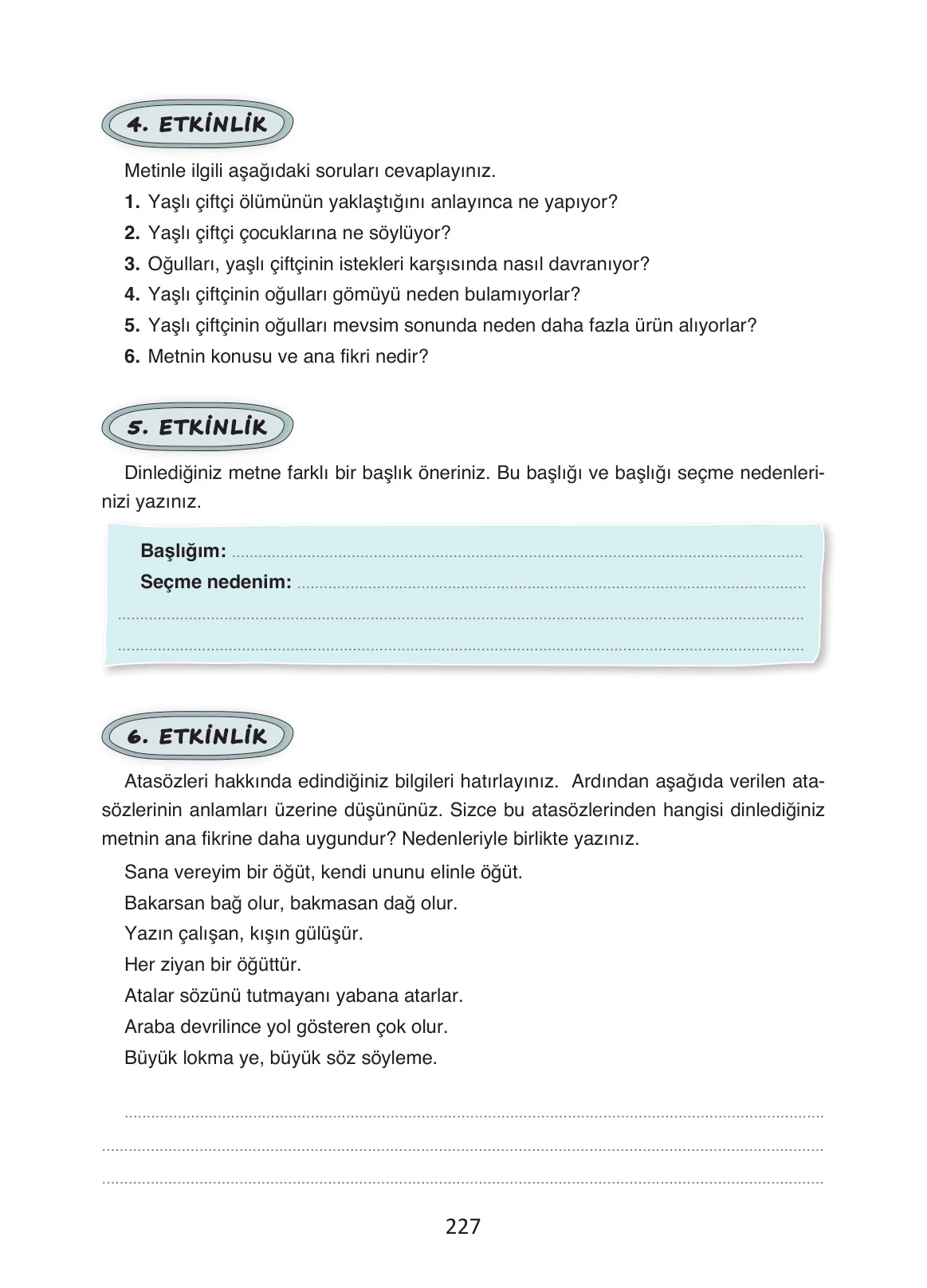 4. Sınıf Türkçe Ders Kitabı Cevapları Ada Yayınları Sayfa 227