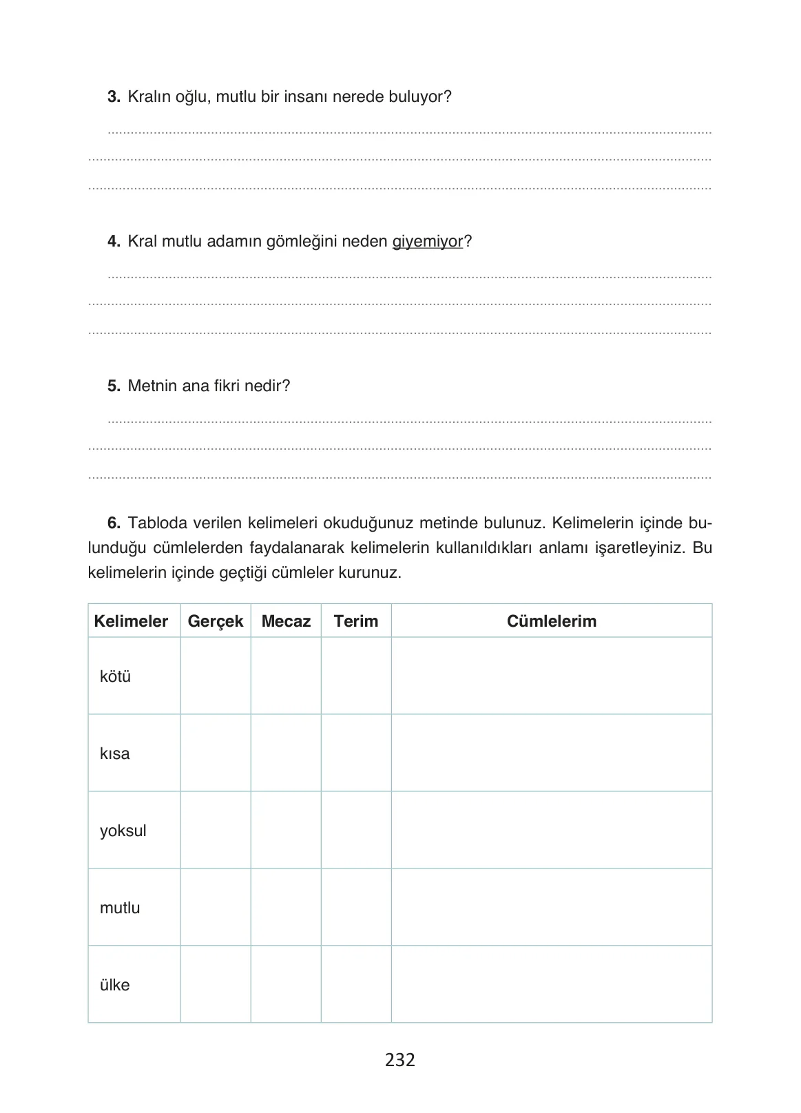 4. Sınıf Türkçe Ders Kitabı Cevapları Ada Yayınları Sayfa 232