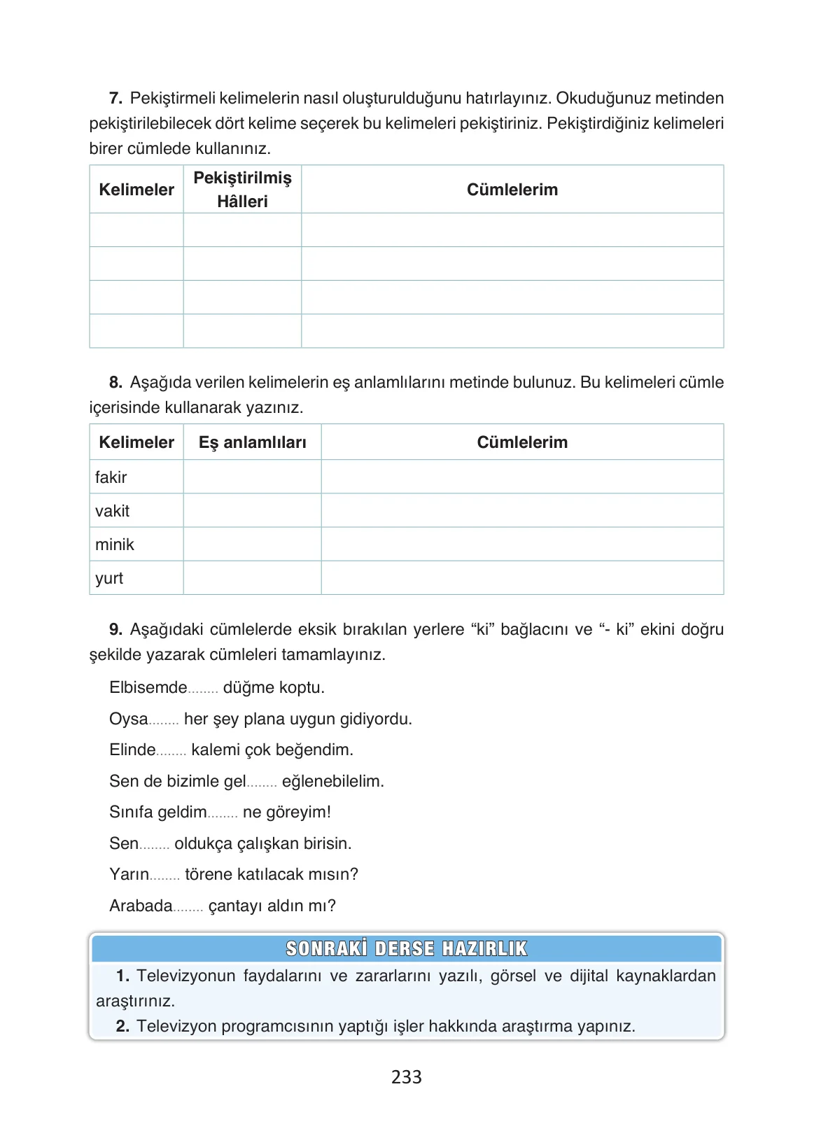 4. Sınıf Türkçe Ders Kitabı Cevapları Ada Yayınları Sayfa 233