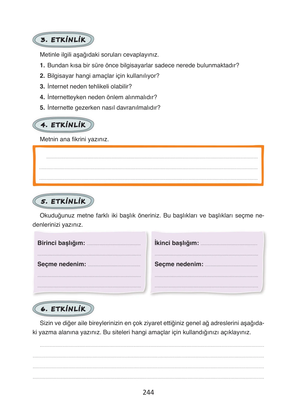 4. Sınıf Türkçe Ders Kitabı Cevapları Ada Yayınları Sayfa 244