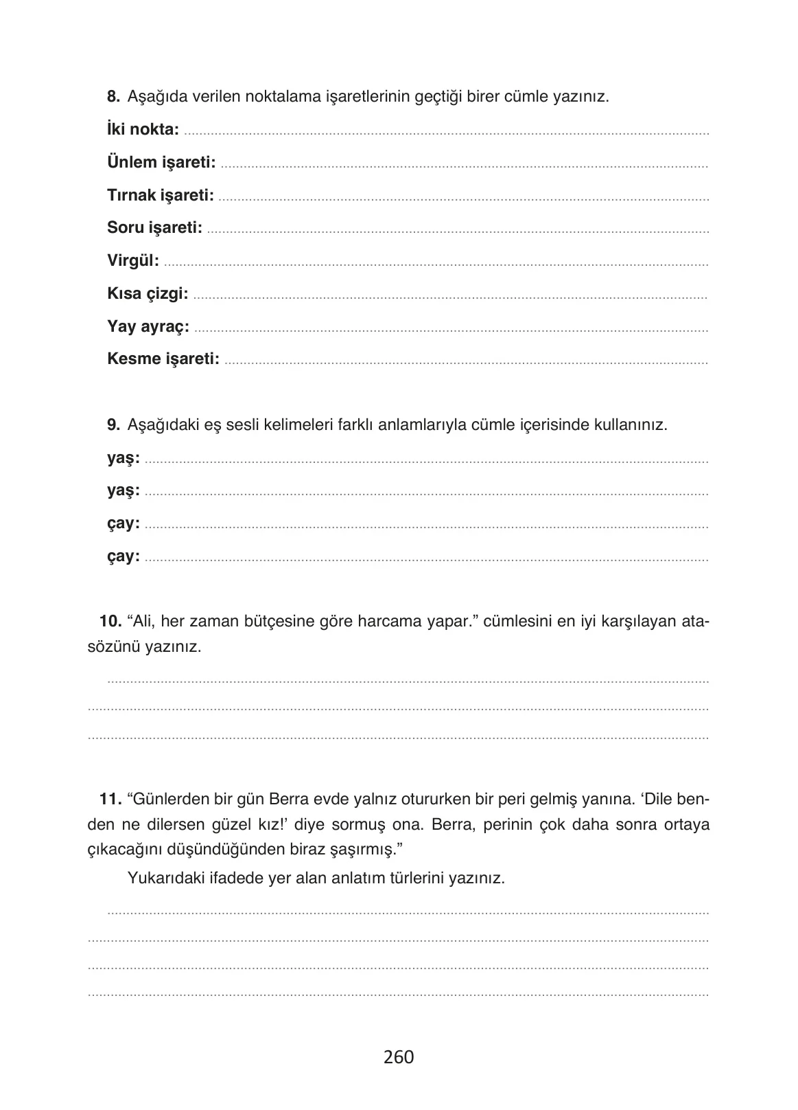 4. Sınıf Türkçe Ders Kitabı Cevapları Ada Yayınları Sayfa 260
