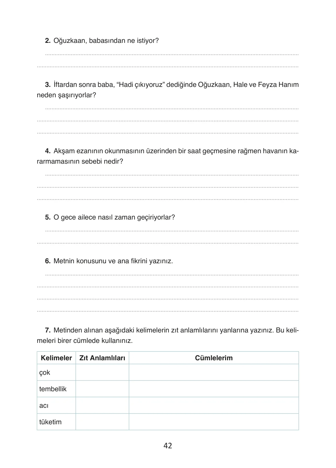 4. Sınıf Türkçe Ders Kitabı Cevapları Ada Yayınları Sayfa 42