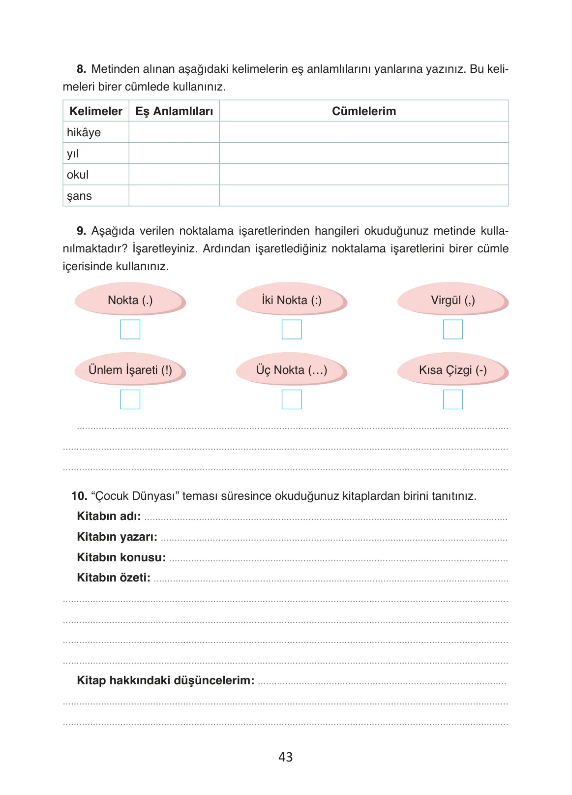 4. Sınıf Türkçe Ders Kitabı Cevapları Ada Yayınları Sayfa 43