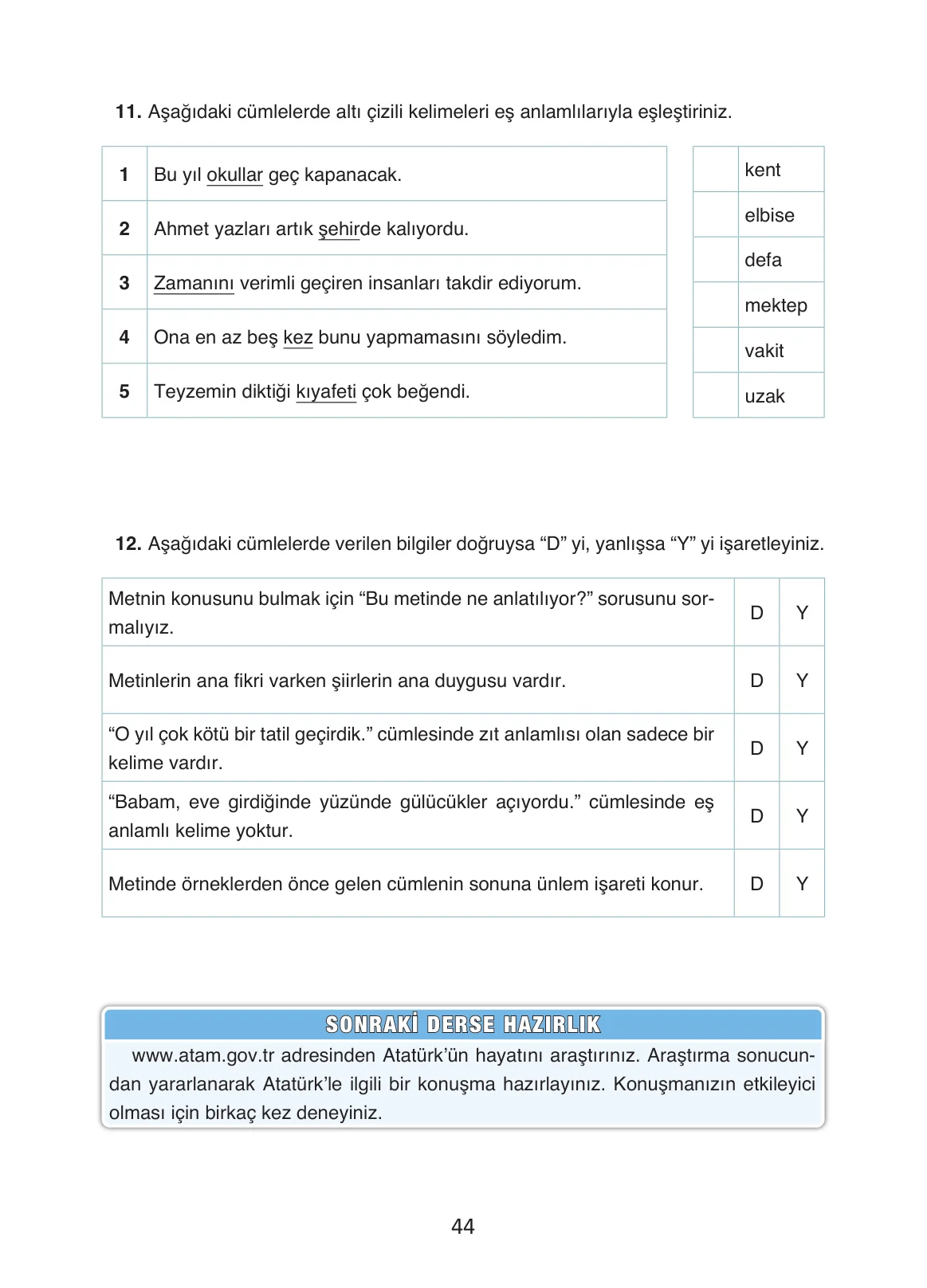 4. Sınıf Türkçe Ders Kitabı Cevapları Ada Yayınları Sayfa 44