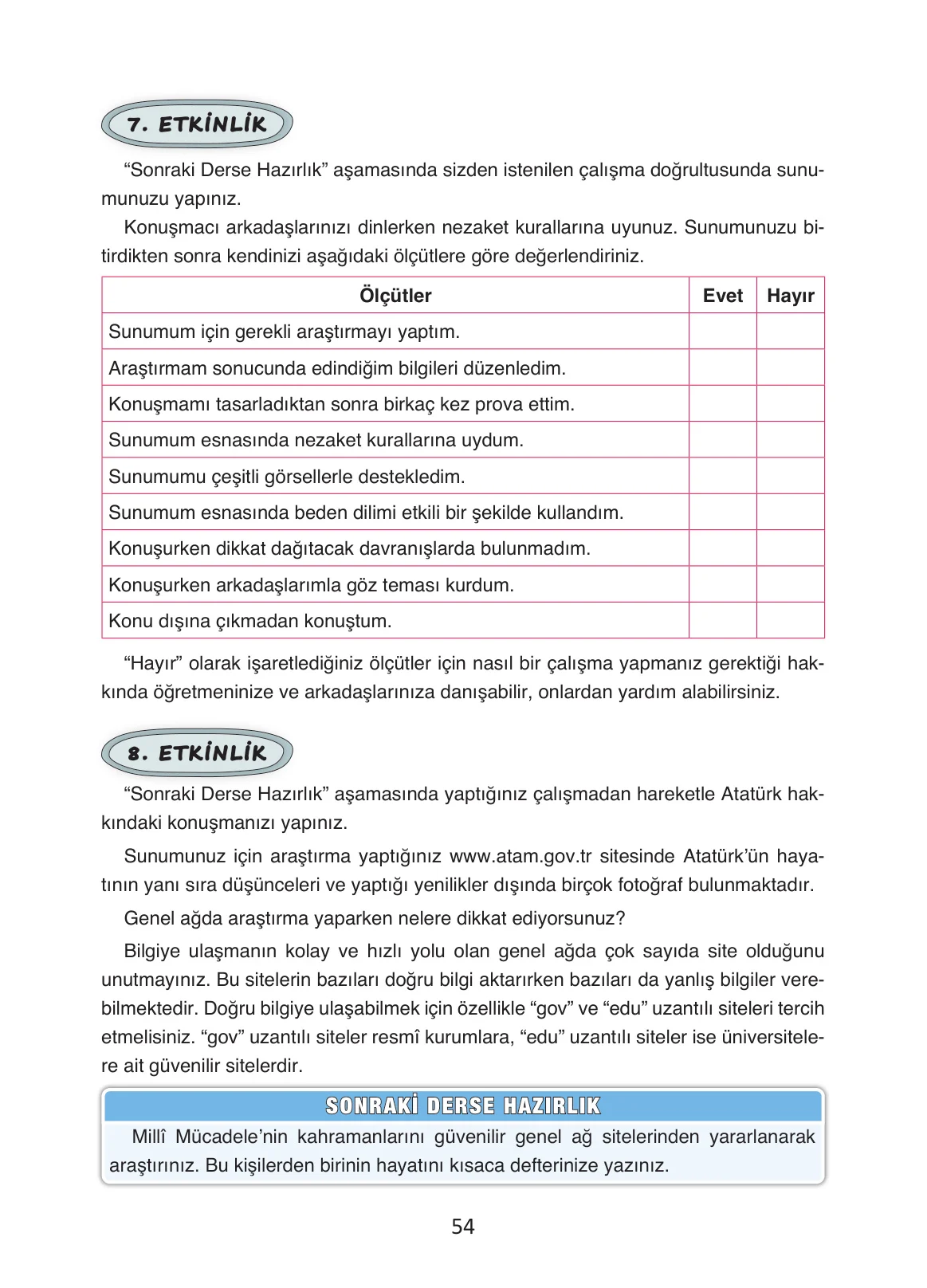 4. Sınıf Türkçe Ders Kitabı Cevapları Ada Yayınları Sayfa 54