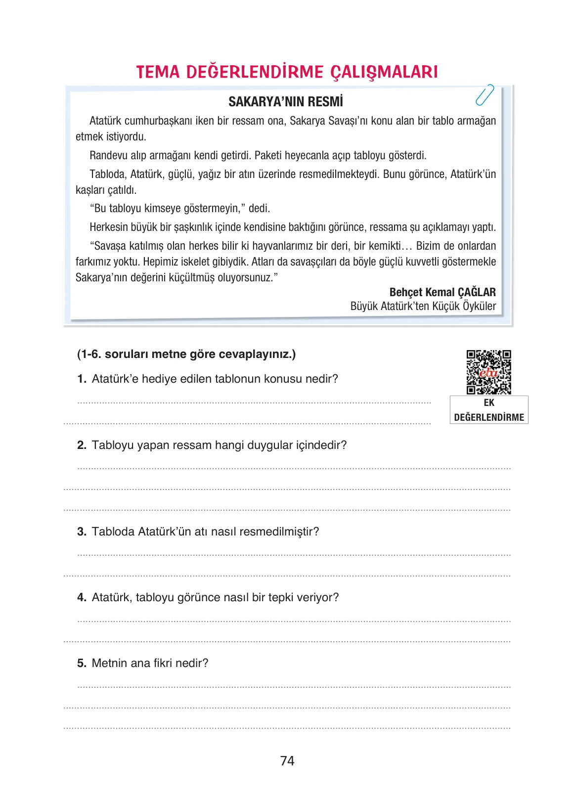 4. Sınıf Türkçe Ders Kitabı Cevapları Ada Yayınları Sayfa 74