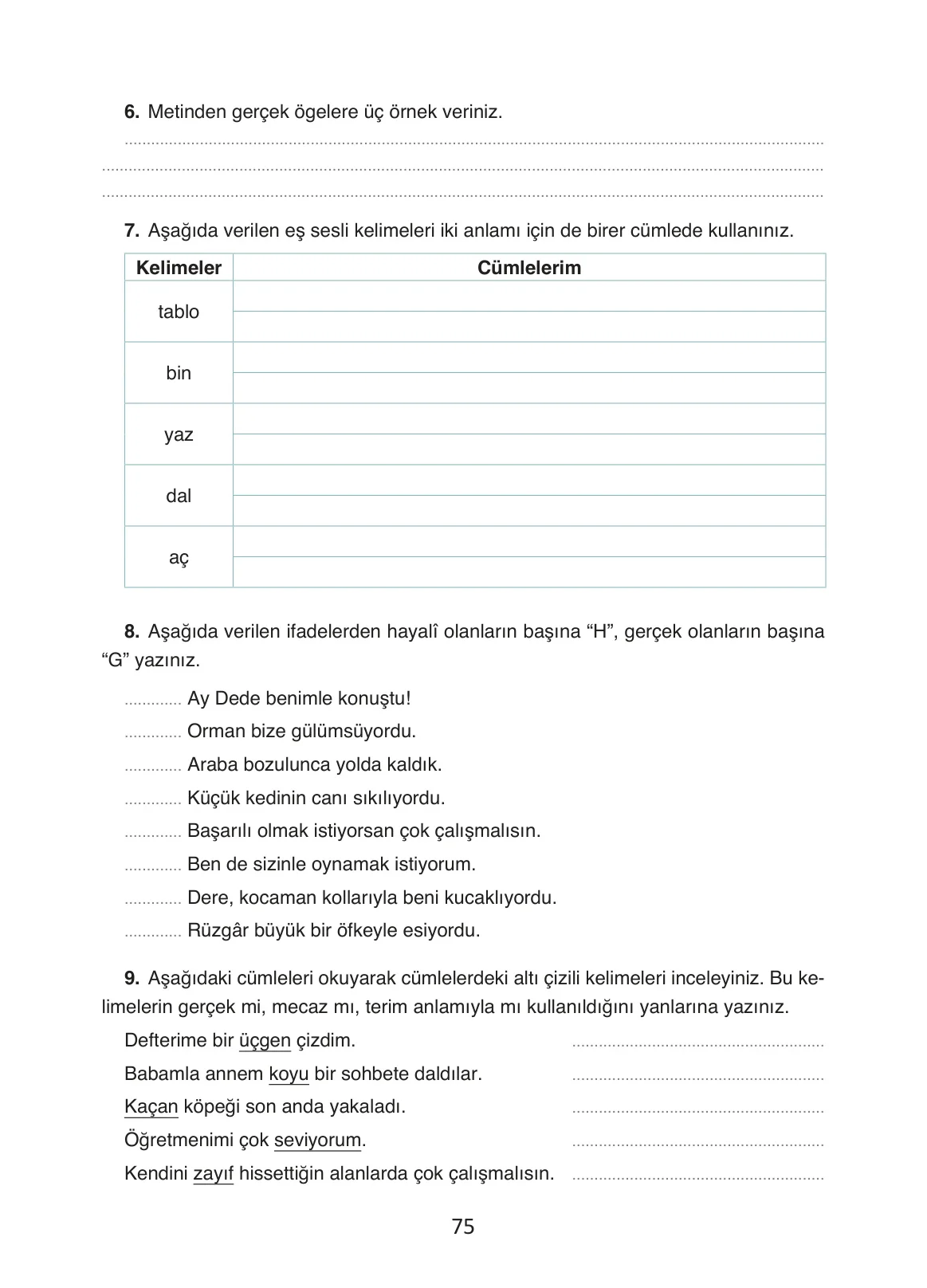 4. Sınıf Türkçe Ders Kitabı Cevapları Ada Yayınları Sayfa 75